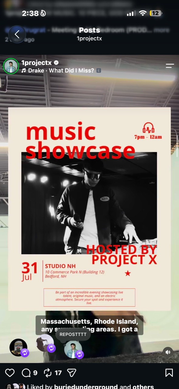 Project X Music Showcase flyer for Studio NH in Bedford, New Hampshire
